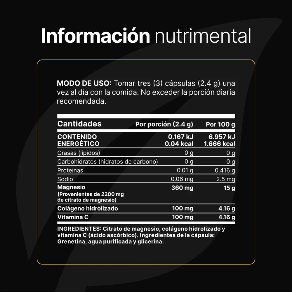 Información Nutrimental Citrato de Magnesio 240 Cápsulas Suplemento Alimenticio B Life