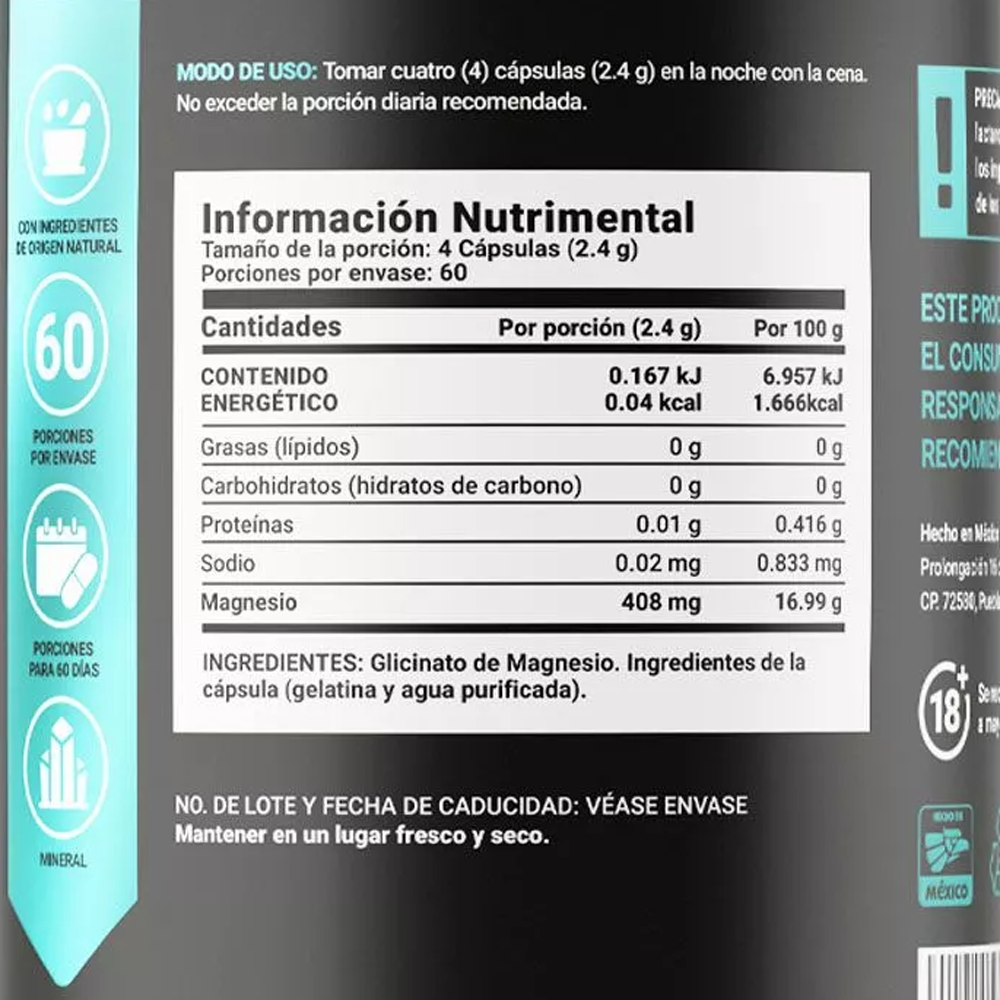 Suplemento Alimenticio B Life Información Nutrimental Glicinato de Magnesio Glycinate Mag